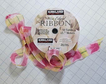 1 yard 1.5" Pink and Yellow Tulip Wired Ribbon. Kirkland Brand. Perfect for gift-wrapping and floral arrangements!