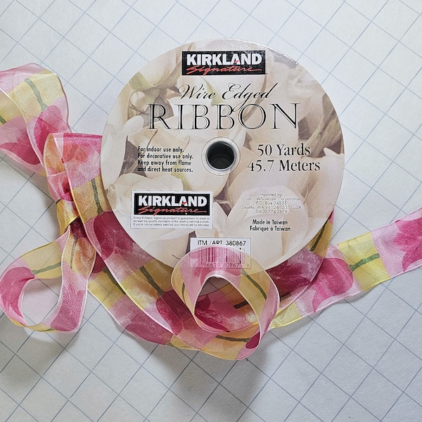 1 yard 1.5" Pink and Yellow Tulip Wired Ribbon. Kirkland Brand. Perfect for gift-wrapping and floral arrangements!