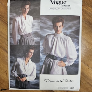 Vintage 1980's designer blouse pattern. Vogue 1913 sz 6-10. Uncut, Factory Folded