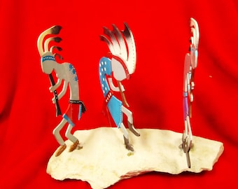 Three Kokopellis, Metal Art, Stand Alone Silhouette, On Sandstone Base, Southwest Design, One of a Kind, Made in USA