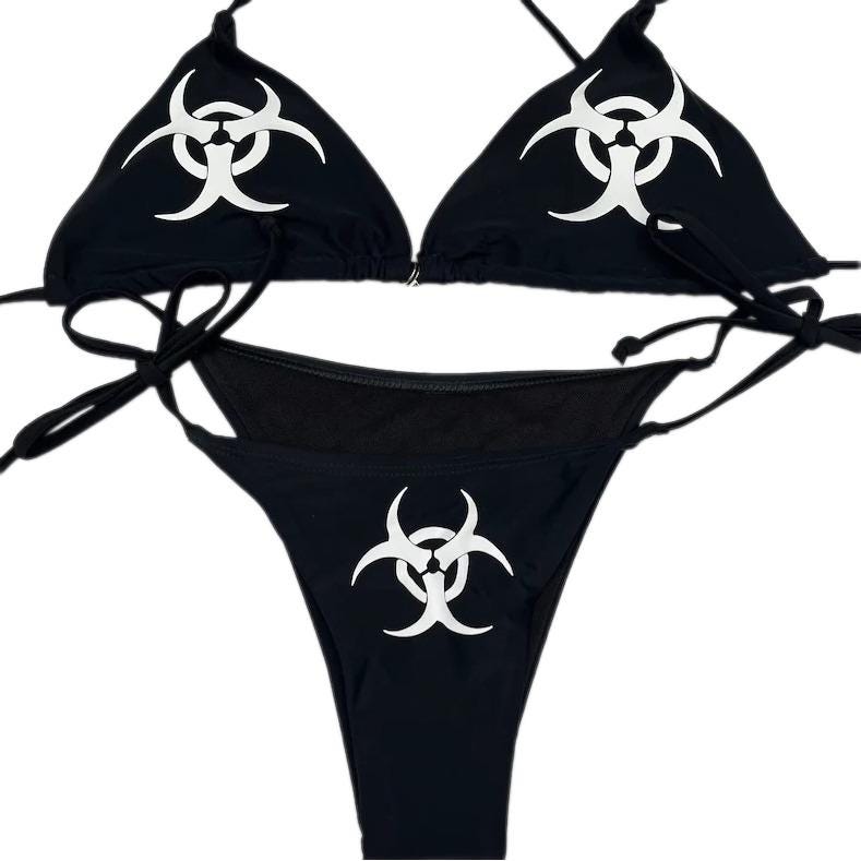 Black Y2k Biohazard Warning Halter Bikini Set