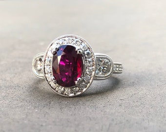 Oval GIA Certified Ruby Halo Engagement Ring with Half Moon Diamonds