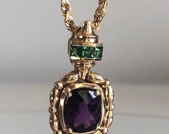 PERFUME BOTTLE - Purple Amethyst - Purple Gemstone Necklace - Green Stone - Gemstone Necklace - Tsavorite Necklace - Vintage