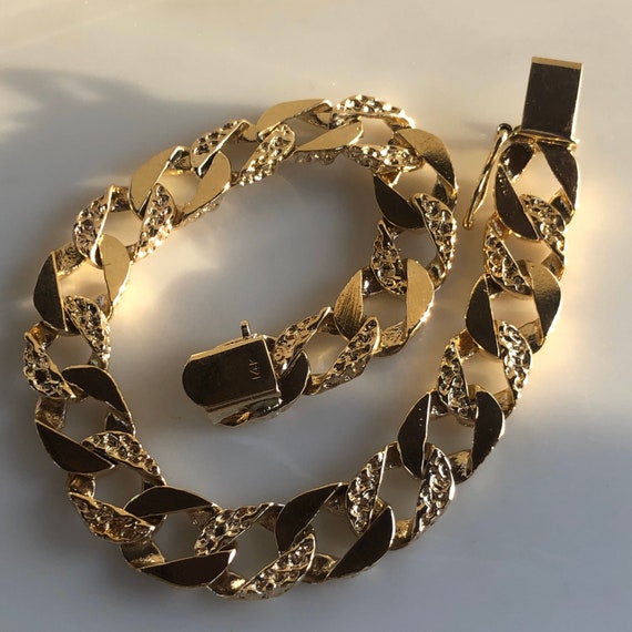 Cuban Link - 14K Bracelet - Textured Chain - Slide Lo… - Gem