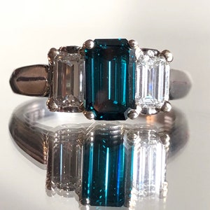 Classical Blue - Past Present Future - Three Stone Ring - Two Tone - One Of a Kind - Blue Diamond - Emerald Cut - 18K White and Yellow Gold