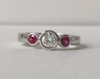 Three Stone Ruby Ring - Past Present and Future - Promise Ring - Modern Ring - Simple Three Stone - Red Stones - Round Diamond -