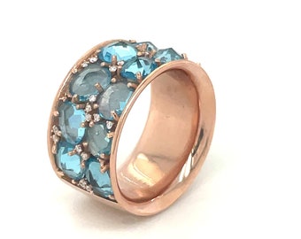 Aquamarine & Pink Gold - Aqua Band - Aquamarine Band - Aqua Ring - Aqua Wedding Band - Something Blue - Wide Band - Chunky - Rose Gold Band