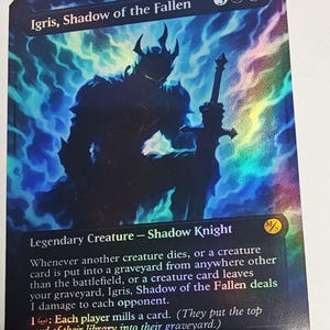 May include: A holographic trading card featuring "Igris, Shadow of the Fallen." The card depicts a dark silhouette of a knight with a sword against a blue and rainbow background. Text includes "Legendary Creature - Shadow Knight" and game instructions.