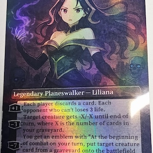 May include: A holographic trading card featuring Liliana, Waker of the Dead. The card depicts a female character with long dark hair and a stern expression, holding purple energy. Text includes card abilities and the title.