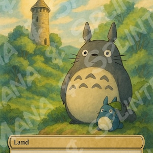May include: A fantasy art card featuring a large gray creature with a smaller blue creature in a grassy field with a tower in the background. The card is labeled "Command Tower" and "Land". The text reads "Add one mana of any color in your commander's color identity."