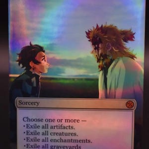 May include: A holographic trading card with the title "Farewell" and the text "Sorcery." The card features two anime characters facing each other against a landscape background. The card's text includes options to exile artifacts, creatures, enchantments, and graveyards.