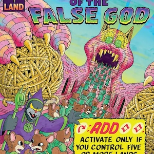 May include: A fantasy card featuring the text "TEMPLE OF THE FALSE GOD". The artwork depicts a large, pink, cat-like structure with a gaping mouth, surrounded by cartoon mice in green robes. The card includes the text "ADD" and instructions.