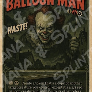 Op de afbeelding: Een kaart in vintage-stijl met "THE JOLLY BALLOON MAN" en een sinistere clown-illustratie. De kaart bevat de tekst "HASTE!" en spelinstructies. Het kleurenpalet wordt gedomineerd door rood, zwart en beige.
