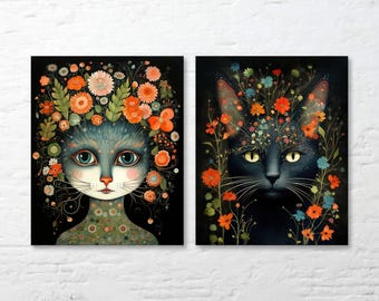 Whimsical Cats With Flowers Art Prints, Printable Wall Art, Digital Download