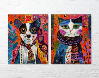 a set of 2 colorful pop art cat and dog prints, pet art, printable wall art, home and wall decor, poster, instant digital download