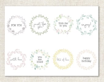 Floral Wreath Inspirational Gift Tags, Printable, Instant Download