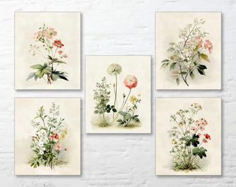 set of 5 vintage botanical floral art prints, printable wall art, wall decor, home decor, instant digital download, antique art, flowers,