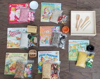May include: A set of ten activity kits for kids featuring The Berenstain Bears books. Each kit includes a book, a bag of sensory items, and a small craft project. The books include titles like "Funny Valentine", "Night Before Christmas", "Pirate Adventure", "Go on a Ghost Walk", "Real Easter Eggs", "Prize Pumpkin", and "St. Patrick's Day".