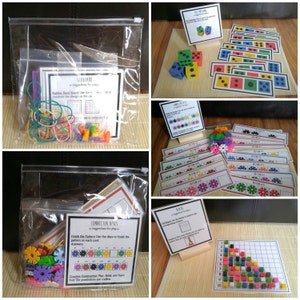 May include: Four clear plastic bags filled with colorful educational toys and activity cards. The bags contain rubber bands, colorful plastic connectors, and cards with instructions for games and activities. The cards include titles like "GeoBoard", "Connector Discs", and "Rules".