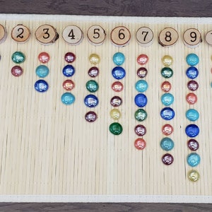 Puede incluir: Una tabla de madera con los n&uacute;meros del 1 al 10 impresos en c&iacute;rculos. Cada n&uacute;mero tiene una columna correspondiente de gemas de vidrio de colores, con el n&uacute;mero de gemas que coincide con el n&uacute;mero.