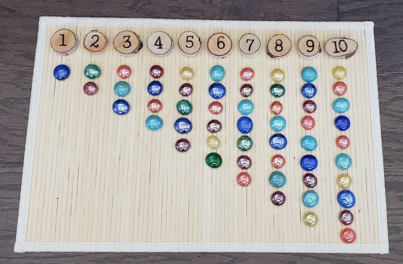 Puede incluir: Una tabla de madera con los n&uacute;meros del 1 al 10 impresos en c&iacute;rculos. Cada n&uacute;mero tiene una columna correspondiente de gemas de vidrio de colores, con el n&uacute;mero de gemas que coincide con el n&uacute;mero.