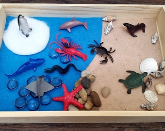 Puede incluir: Una bandeja de madera con una escena de océano de fieltro azul y una escena de playa de fieltro marrón. La escena del océano incluye un pingüino, un delfín, un tiburón, una raya, una serpiente marina, una estrella de mar y gemas de vidrio azul. La escena de la playa incluye una tortuga marina, un león marino, un cangrejo, una langosta, una concha marina y rocas marrones.