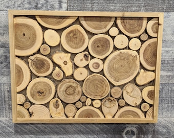 May include: A wooden wall art piece featuring a collection of round wood slices arranged in a mosaic pattern. The wood slices are various sizes and shades of brown, creating a natural and rustic look. The piece is framed in a simple wooden frame.