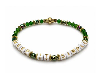 Keep It Simple Bracelet - 12 Step Recovery Gift - Green Stretch Bracelet - Sobriety Milestone Encouragement Gift - Inspirational Jewelry