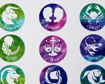Zodiac Watercolor Stickers {12 Astrology Stickers: Occult, Horoscope, Zodiac, Divination, Planet, Sign, Constellation, Star, Sun, Sky} 380
