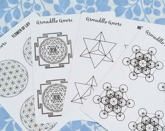 Spiritual Symbol Sticker Sheet - 1.5 inch - Sacred Geometry - Flower of Life - Sri Yantra - Metatron's Cube - Merkaba - 1023