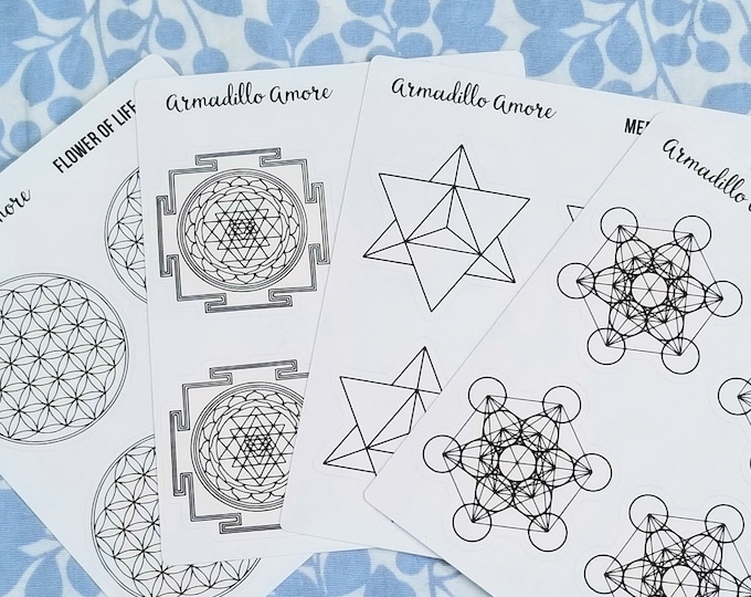 Spiritual Symbol Sticker Sheet - 1.5 inch - Sacred Geometry - Flower of Life - Sri Yantra - Metatron's Cube - Merkaba - 1023