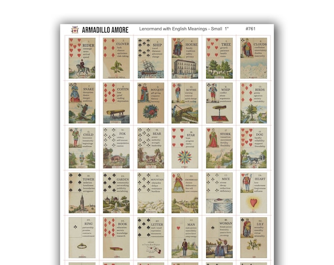 Small Lenormand Card with Meaning Stickers (1 inch) - Journaling Stickers - 36 Cards Full Deck - Lenormand Oracle Journal Stickers - 761