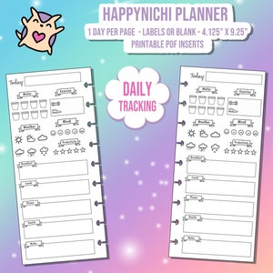 May include: Printable daily planner pages with black and white illustrations. The pages are designed for a Happy Nichi planner and are 4.125 inches by 9.25 inches. The pages include sections for water, exercise, weather, mood, productivity, breakfast, lunch, dinner, snacks, and notes.
