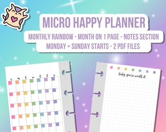 MICRO HP Happy Planner Notes Monthly Rainbow Printable Insert - Month on 1 Page - Monday Start or Sunday Start - 2 PDF Digital Files