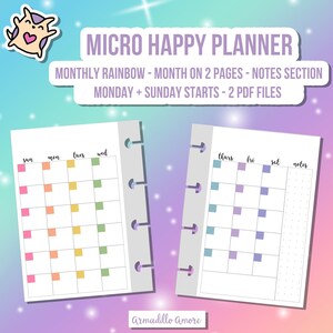 May include: A printable planner page with a rainbow color scheme. The page is divided into two sections, one for each week of the month. The left side has a rainbow color scheme and the right side has a purple color scheme. The page is designed for a micro happy planner.
