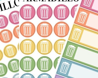 Trash Day Planner Stickers – Rainbow Garbage Can Icons & Quarter Boxes – Cleaning, Decluttering, Take Out Trash Functional Stickers - 262
