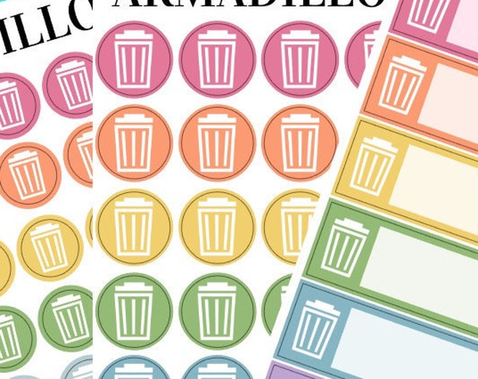 Trash Day Planner Stickers – Rainbow Garbage Can Icons & Quarter Boxes – Cleaning, Decluttering, Take Out Trash Functional Stickers - 262
