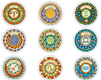 Ornamental Zodiac Stickers {12 Astrology Stickers: Occult, Horoscope, Zodiac, Divination, Planet, Sign, Star, Constellation, Universe} 445