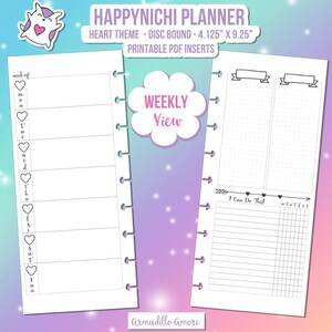 May include: Printable weekly planner pages with a heart theme. The pages are designed for a disc bound planner and measure 4.125 inches by 9.25 inches. The left page has a space for each day of the week with a small heart icon next to each day. The right page has a section for notes and a section for a to-do list.