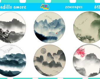Zenscapes Stickers - Nature - East Asia - Art - Mountains - Mist - Birds - Trees - Moon - 612
