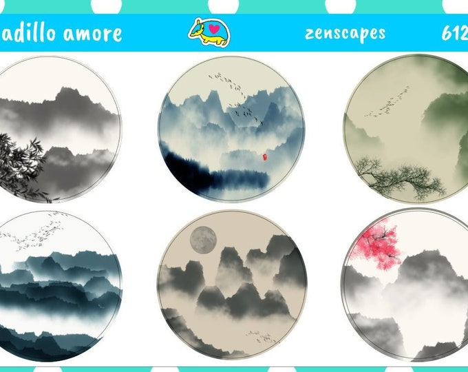 Zenscapes Stickers - Nature - East Asia - Art - Mountains - Mist - Birds - Trees - Moon - 612