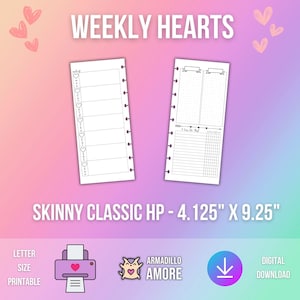 May include: Printable weekly planner with a heart theme. The planner is designed for a skinny classic Happy Planner and measures 4.125 inches by 9.25 inches. The planner has a weekly layout with space for daily tasks and notes. The planner also includes a section for goals and a habit tracker.