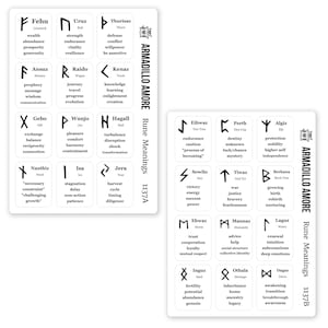 May include: Two white sticker sheets with black rune symbols and their meanings. The sheets are labeled "Rune Meanings" and "Armadillo Amore." Each rune has a corresponding word or phrase. The sheets are labeled 1137A and 1137B.