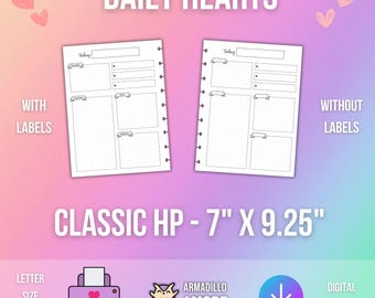 CLASSIC HP Daily Hearts Planner Printable - 1 Page Planning PDF, Productivity Dot Grid Discbound Insert - for both Letter Size and PreCut