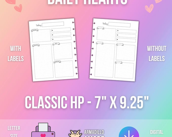 CLASSIC HP Daily Hearts Planner Printable - 1 Page Planning PDF, Productivity Dot Grid Discbound Insert - for both Letter Size and PreCut