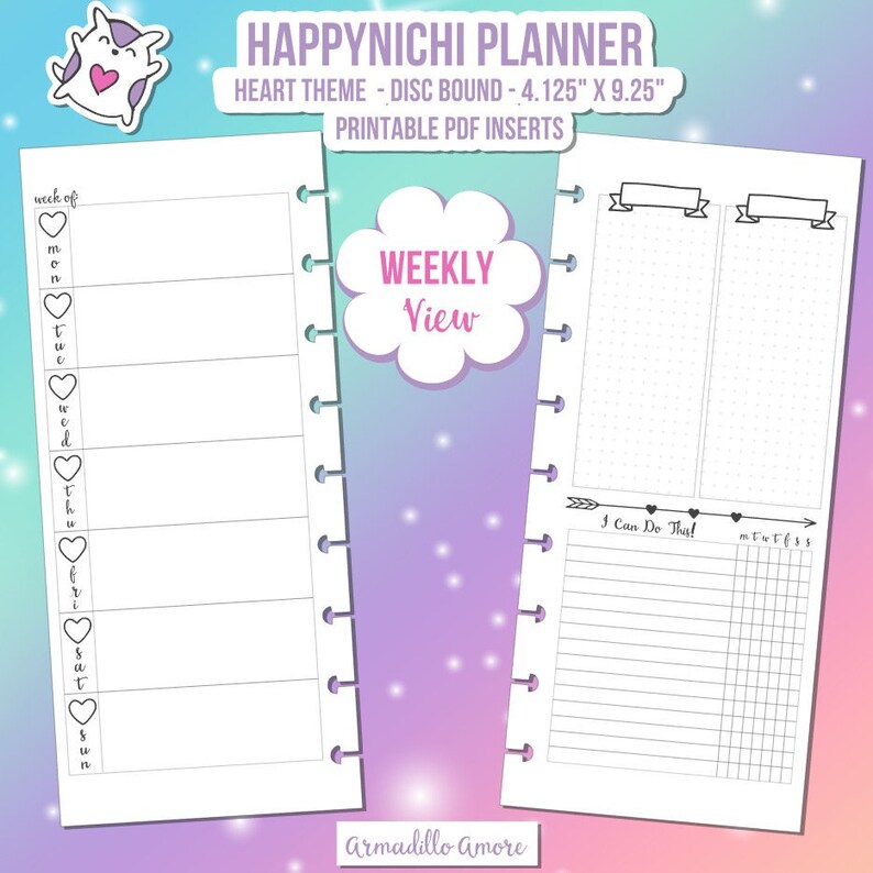 May include: Printable weekly planner pages with a heart theme. The pages are designed for a disc bound planner and measure 4.125 inches by 9.25 inches. The left page has a space for each day of the week with a small heart icon next to each day. The right page has a section for notes and a section for a to-do list.