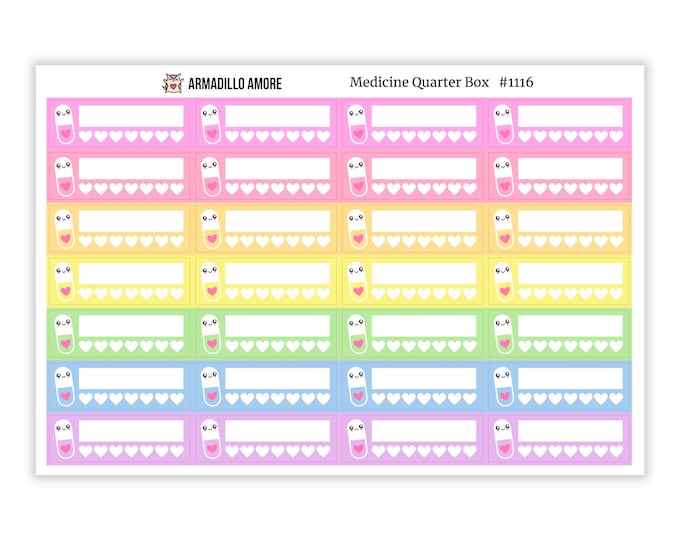 Medicine Tracker EC Planner Sticker - Kawaii Pill ECLP Erin Condren Quarter Box Sticker - 1116