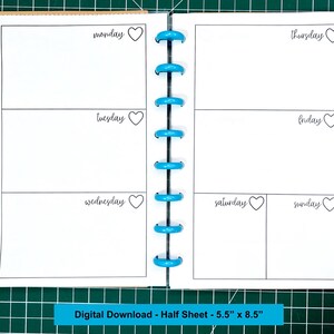 Planejador semanal com corações encadernados em disco com meia letra, PDF para impressão - Semana de planejamento espaçosa em 2 páginas, início de segunda-feira, sem data, meia letra