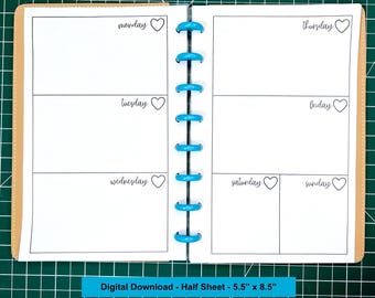 Half Letter Disc Bound Hearts Weekly Planner Insert Printable PDF - Spacious Planning Week on 2 Pages Monday Start Undated Half Letter