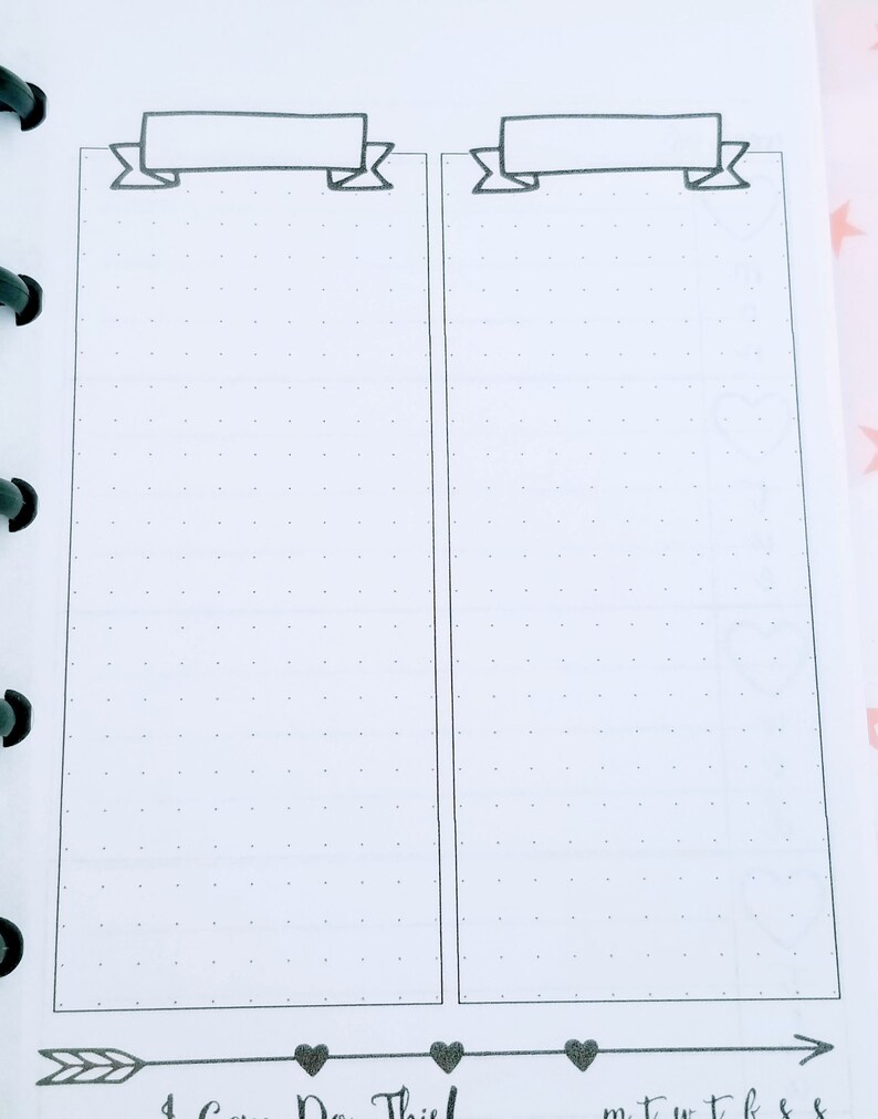 May include: A printable planner page with two columns for listing tasks or goals. Each column has a banner at the top with space to write a title. The page has a dotted grid pattern and a black arrow with hearts at the bottom.